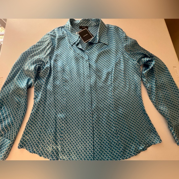 ALFANI SILK BLOUSE LONG SLEEVE  GEOMETRIC PATTERNED TURQUOISE/WHITE SIZE 16. NWT - Picture 1 of 10